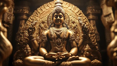 Golden seated deity sculpture with ornate halo backdrop.