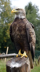Regal bald eagle perched calmly in soft forest sunlight.