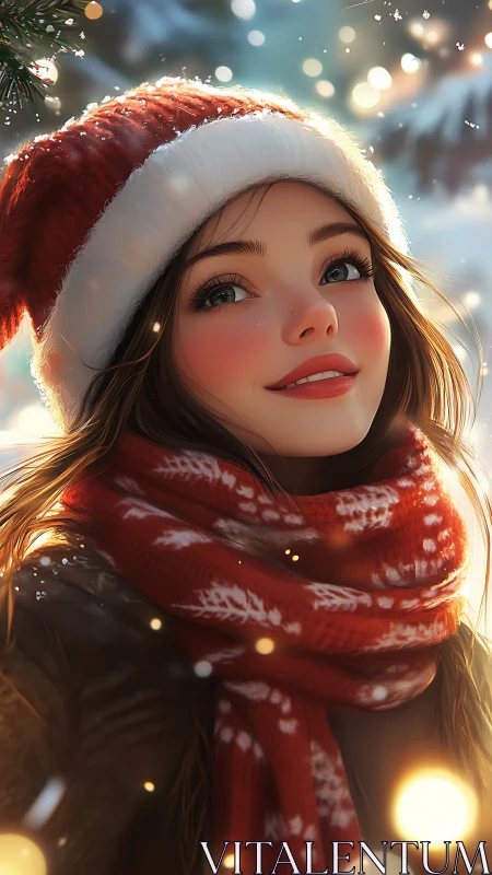 Young woman in winter attire with red scarf and hat.