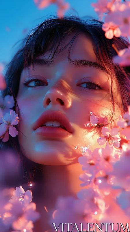 Soft spring light wraps a dreamy face in glowing blossoms