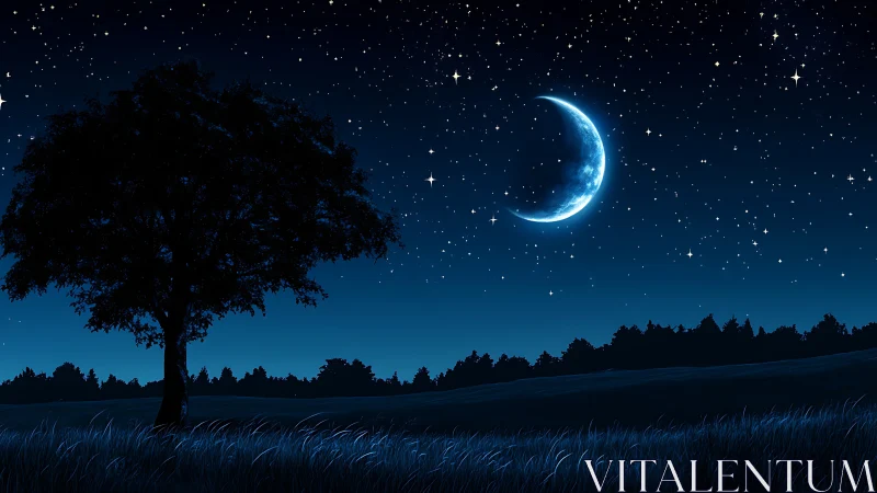 High-contrast nocturnal landscape with crescent moon and silhouetted tree