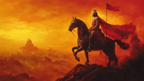 Equestrian warlord silhouette in atmospheric crimson horizon.