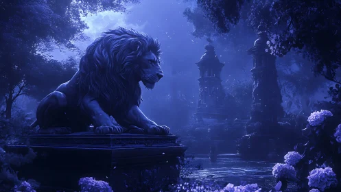 Stone lion statue in moonlit garden with distant towers.