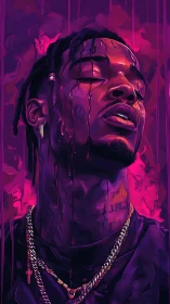 Male portrait shows stylized dripping face in neon purple light