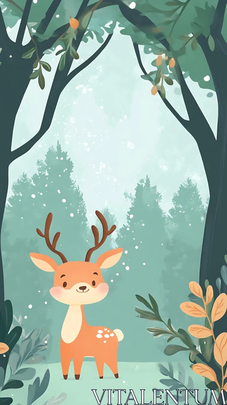 Cervid in Frosted Forest: Geometric Landscape with Illustrative Character.