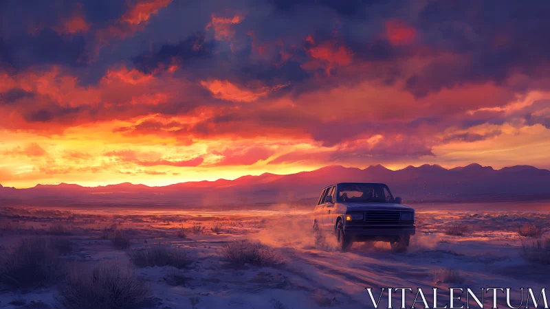 Off-road vehicle crossing snowy plain at sunset horizon.