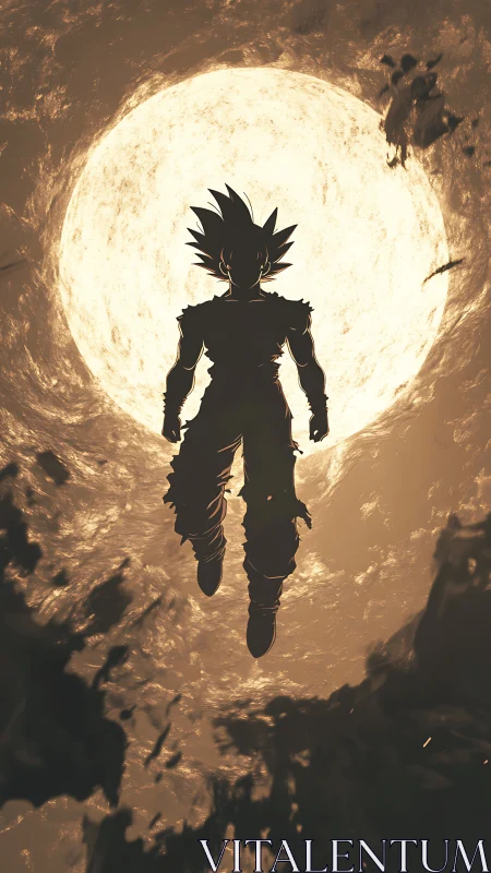 Silhouetted warrior levitates before blazing celestial moon.