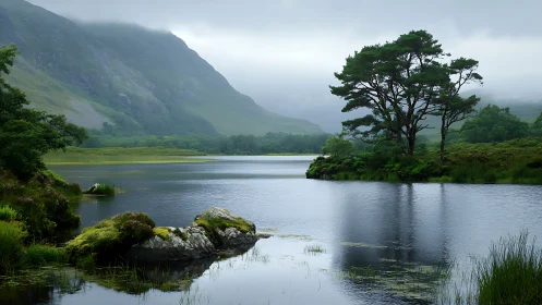 Calm misty lake with trees, rocky shore, and green hills.