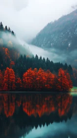 Crimson lakeside forest mirrored beneath drifting mountain fog.