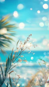 Sunlit coastal wildflowers against dreamy turquoise sea.