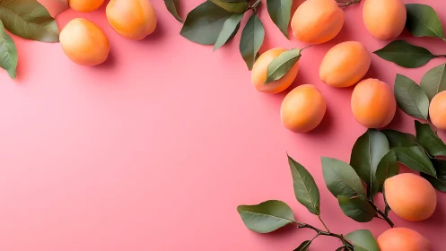 Ripe apricots and green leaves on pastel pink background layout.