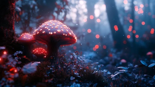 Digital painting of bioluminescent forest mushrooms at dusk.