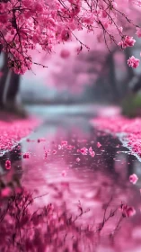 Cherry blossom branches hang over reflective pink waterway.