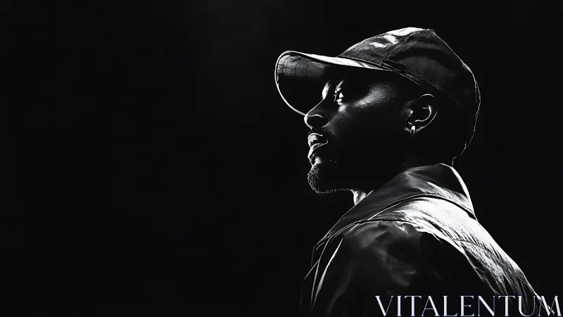 High-contrast side-lit portrait isolates subject in deep negative space