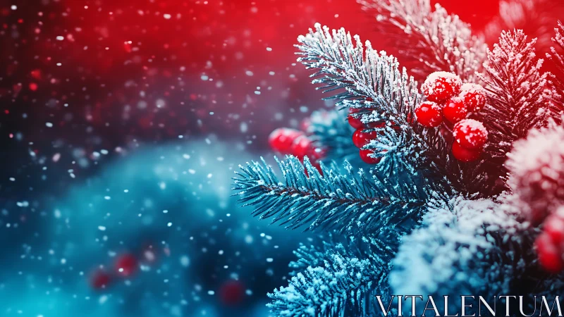 Snow-dusted evergreen boughs with vivid red winter berries.