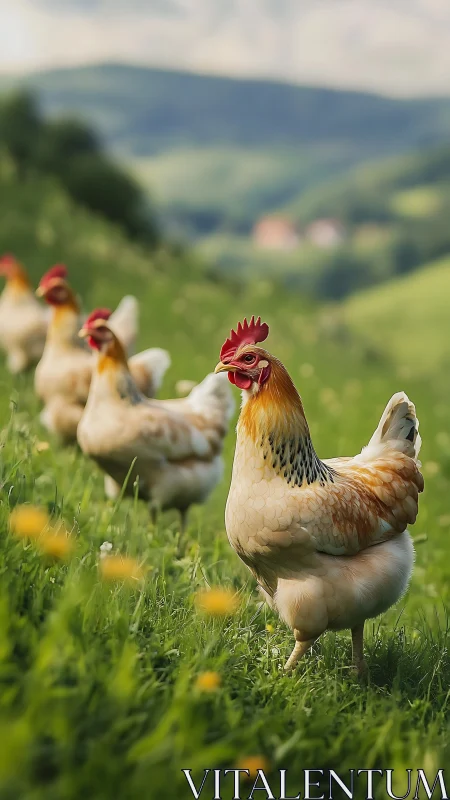 Roosters Grazing in Idyllic Mountain Pasture.