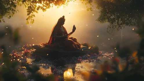 Figure sits on platform over reflective water at sunrise