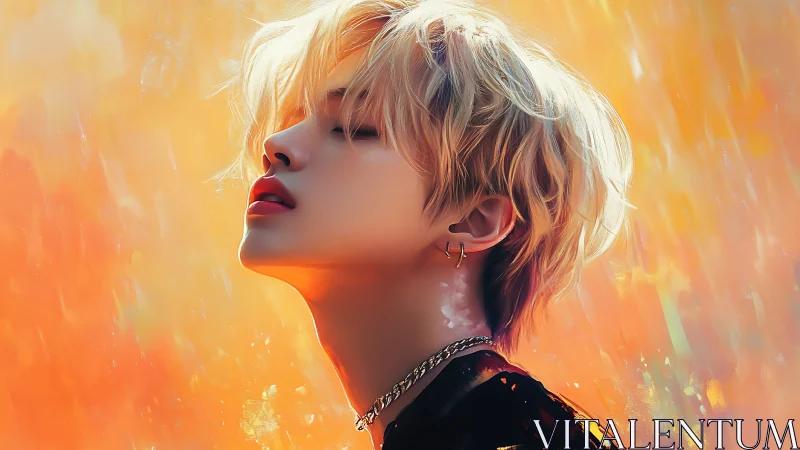 Blond androgynous portrait against vivid orange light.