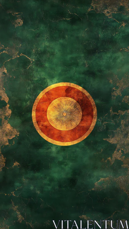 Concentric solar emblem on distressed emerald patina field.