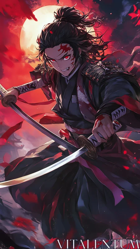 Moonlit demon samurai unleashes twin blades in crimson storm.