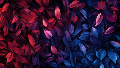 Dual-tone digital foliage pattern in red and blue leaves.