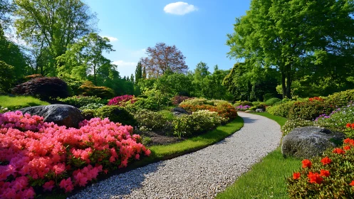 Gravel garden path curving through lush spring flower borders.