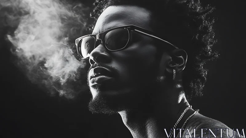 Monochrome side portrait of man with sunglasses and smoke.