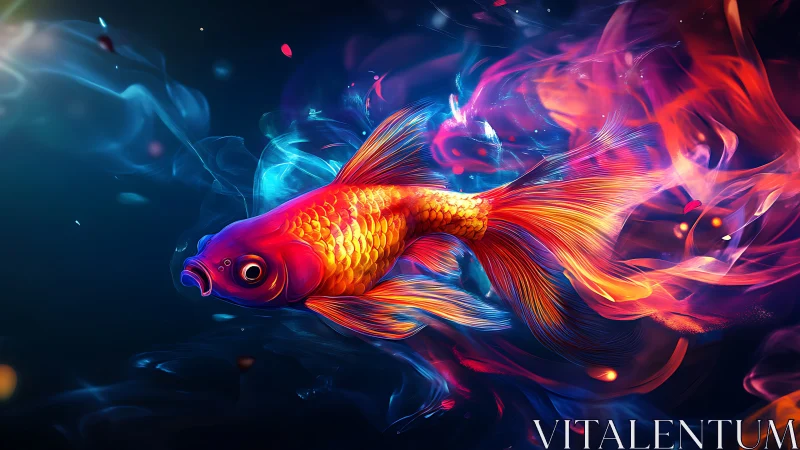 Glowing goldfish drifting through swirling neon currents.