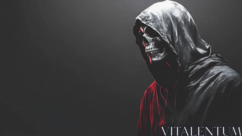 Hooded skeletal figure in dark digital horror portrait.