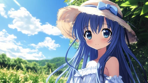 Anime girl stands in sunlit field wearing straw hat