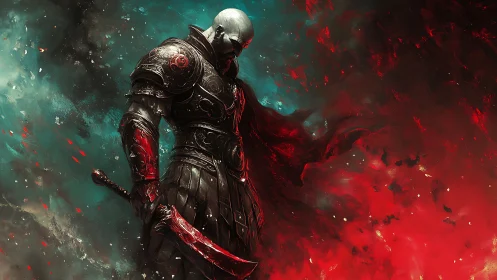 Armored warlord in red storm with bloodlit curved blade.