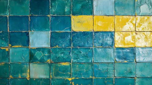 Vintage teal and yellow ceramic tile wall with rustic texture.