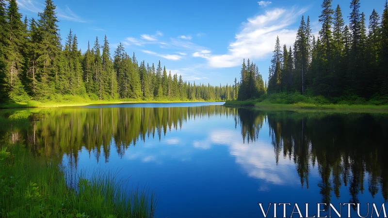 Calm forest lake reflecting bright skies and quiet pines.