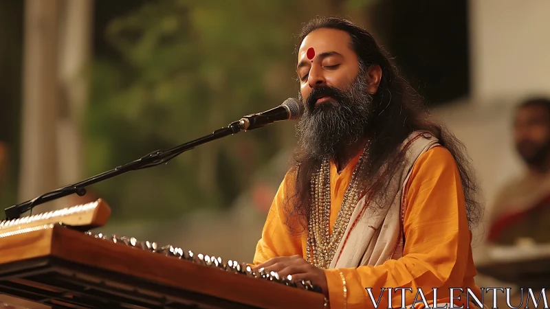 Gentle raga moment with serene singer at the harmonium.