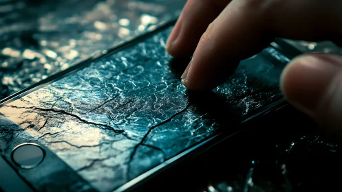 Close-up view of hand touching cracked smartphone screen.