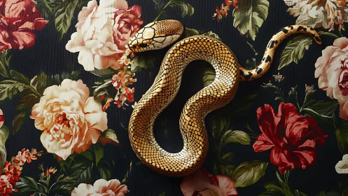 Coiled golden snake contrasted against ornate floral textile.