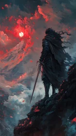 Epic fantasy warrior silhouette before crimson storm sky.