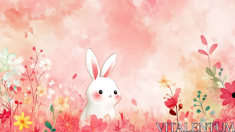 White cartoon rabbit amid stylized pink floral field background.
