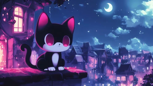 Moonlit kitten quietly watches a glowing enchanted city