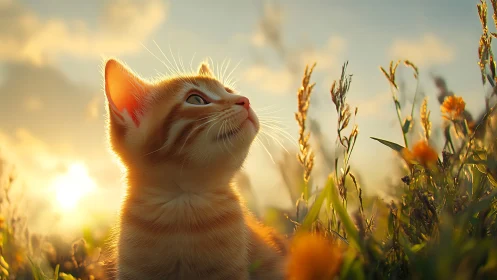 Backlit ginger kitten observed in shallow-depth sunset field