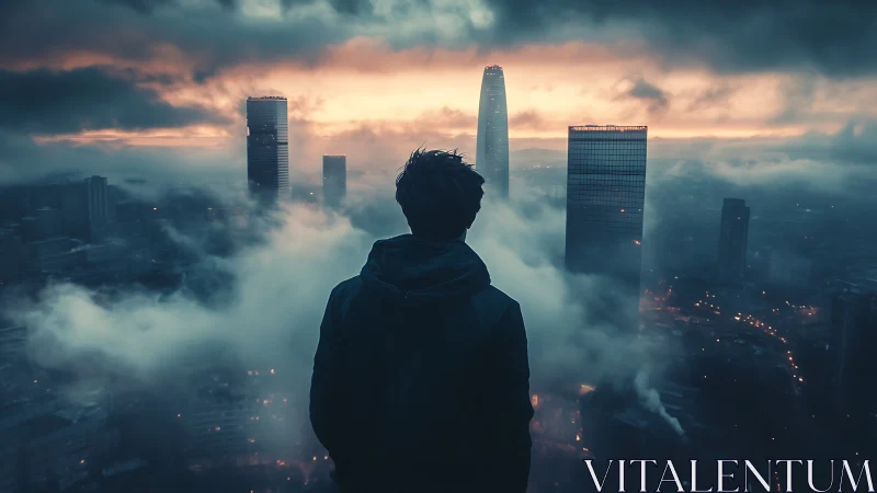 Silhouetted figure observing fog covered city skyline at dawn.