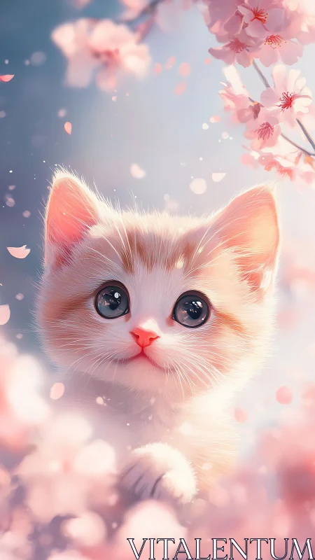 White cat with large eyes surrounded by pink cherry blossoms