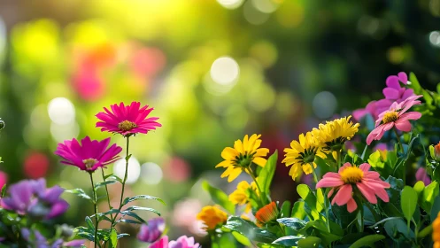 Bright pink and yellow daisies in a sunlit garden border.