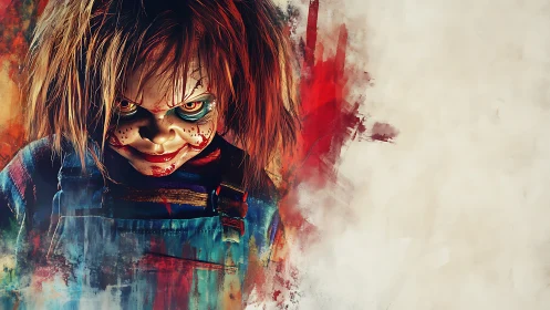 Sinister toy portrait wrapped in wild painted chaos.