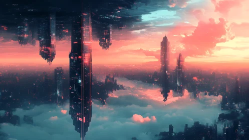 Futuristic skyscrapers rise through glowing clouds at sunset