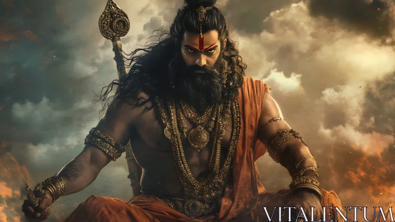 Mythic warrior ascetic in stormlit cinematic digital rendering.