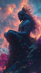 Divine blue yogi in meditative silhouette amid flaming sky.