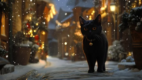 Black Cat in Snow-Covered Christmas Village Street