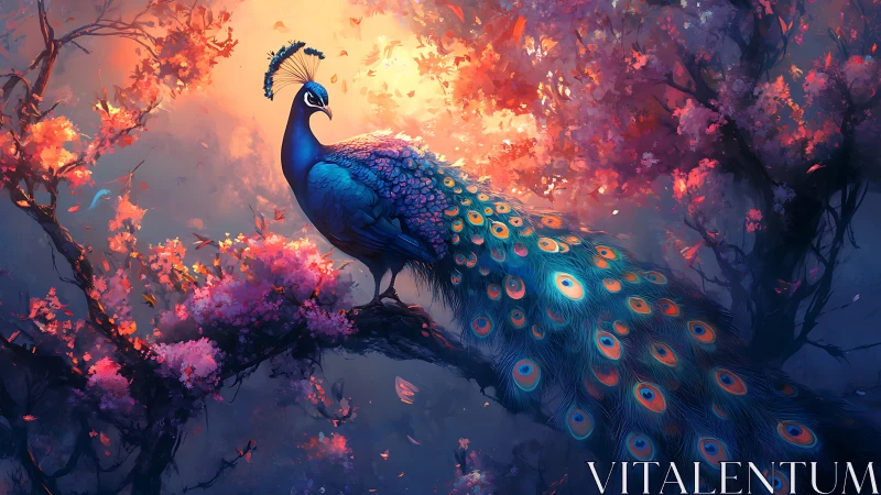 Iridescent peacock poised on bough amid luminous blossoms.