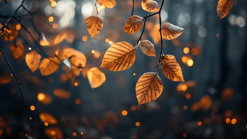 Amber leaves shimmer in winter dusk with emberlike bokeh glow.